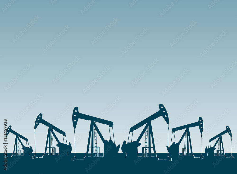 silhouette of working oil pumps , oil industry equipment