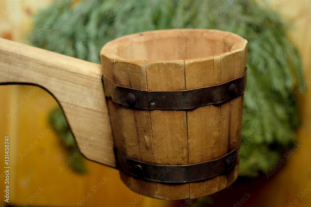 Traditional equipment for Russian bath from wood Traditional equipment for Russian bath from wood
