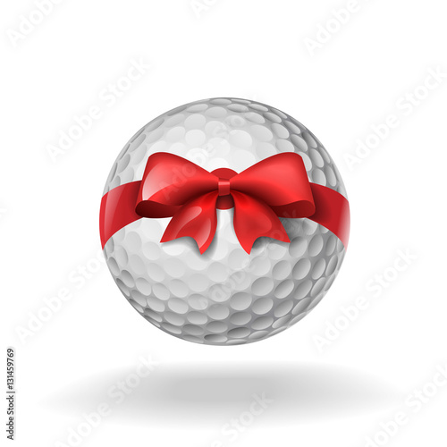 Golf ball tied with a red bow on white