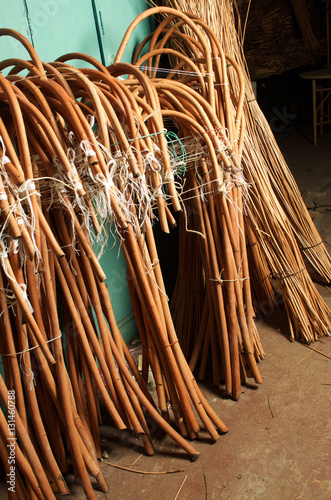 Material raw and old tools for basket weaving photo