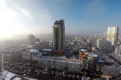 Kiev skyscrapers in winter, Velyka Vasylkivska str., aerial view