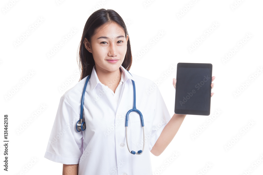 Asian young female doctor show tablet pc. Asian young female doctor show tablet pc.