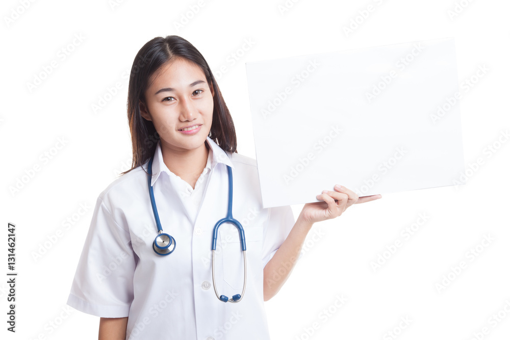 Young Asian female doctor show a blank sign. Young Asian female doctor show a blank sign.