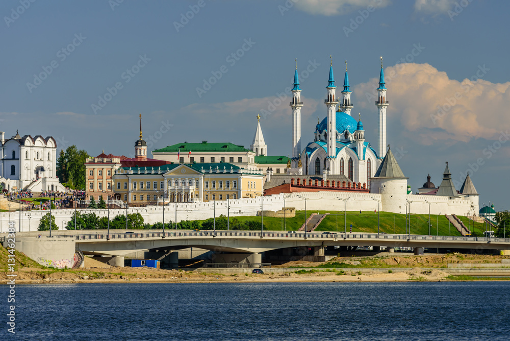 View of the Kazan Kremlin with Presidential Palace, Annunciation Cathedral, Soyembika Tower and Qolsharif Mosque from Kazanka River, Kazan, Russia.