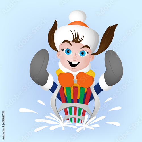 Winter family activity with girl sledging