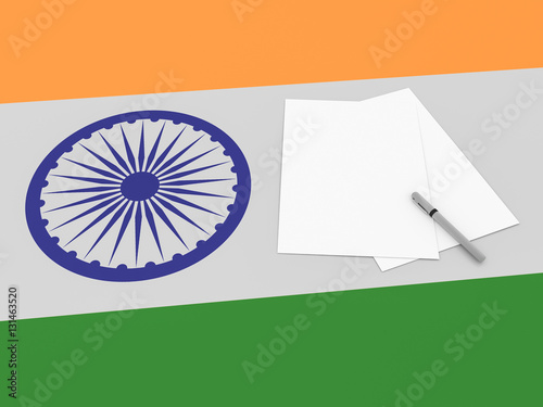 Blank Sheets of Paper Note On India Flag, 3d illustration