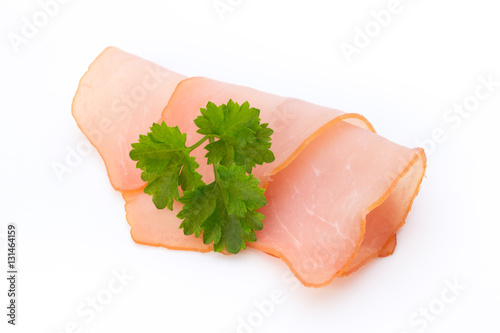 Sliced ham isolated on white background, top view.