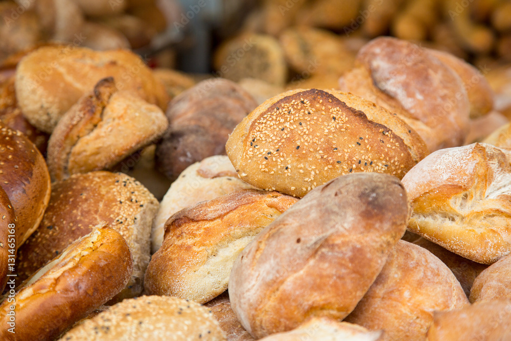 fresh baked buns and loafs on a market