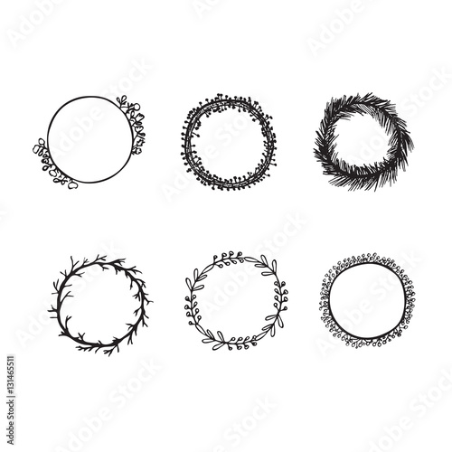 Set of 6 hand drawn floral wreaths