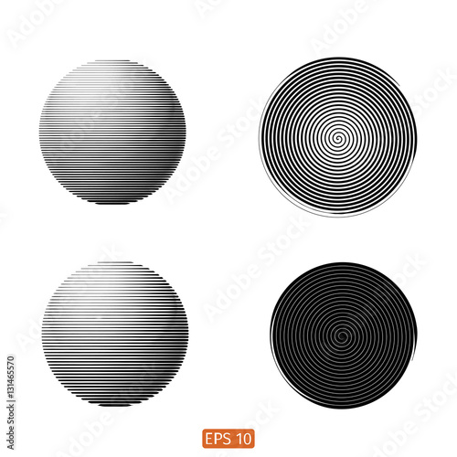 Set of Abstract spiral element. Swirling, twirling shape. Vector. No gradient. Sphere, line, black and white