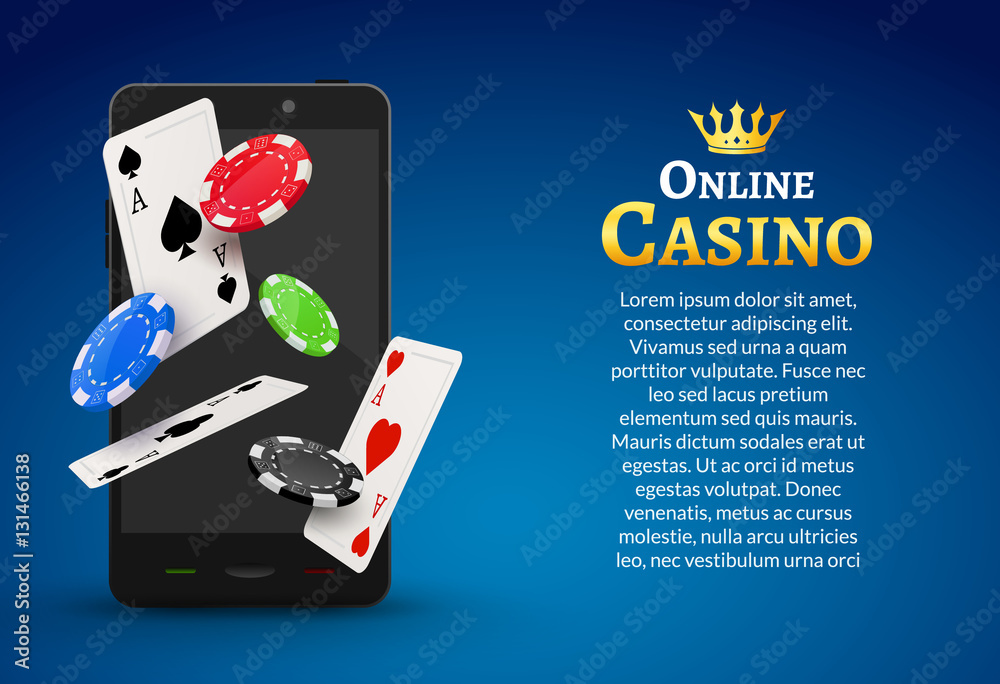 Online mobile casino background. Poker app online concept. Smart phone with chips, cards