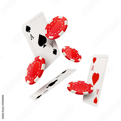 Casino poker design template. Falling poker cards and chips game concept. Casino lucky background isolated