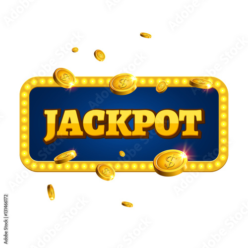 Jackpot casino label background sign. Casino jackpot coins money winner text shining symbol isolated on white