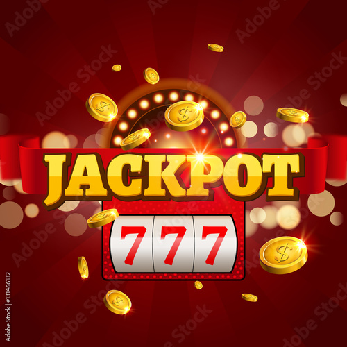 Jackpot 777 gambling poster design. Money coins winner casino success concept. Slot machine game prize
