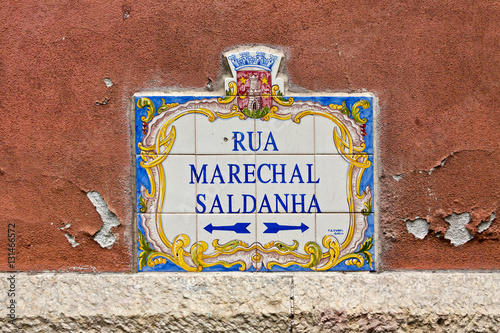 Typical plate with the name of street in Lisbon, Portugal