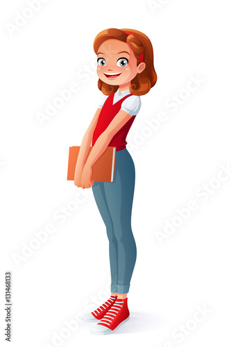 Vector cute smiling young school student girl standing with book.