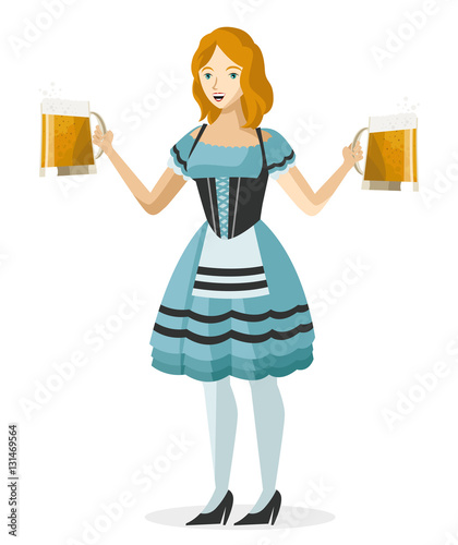 cute blonde waitress girl with two mugs full of beer