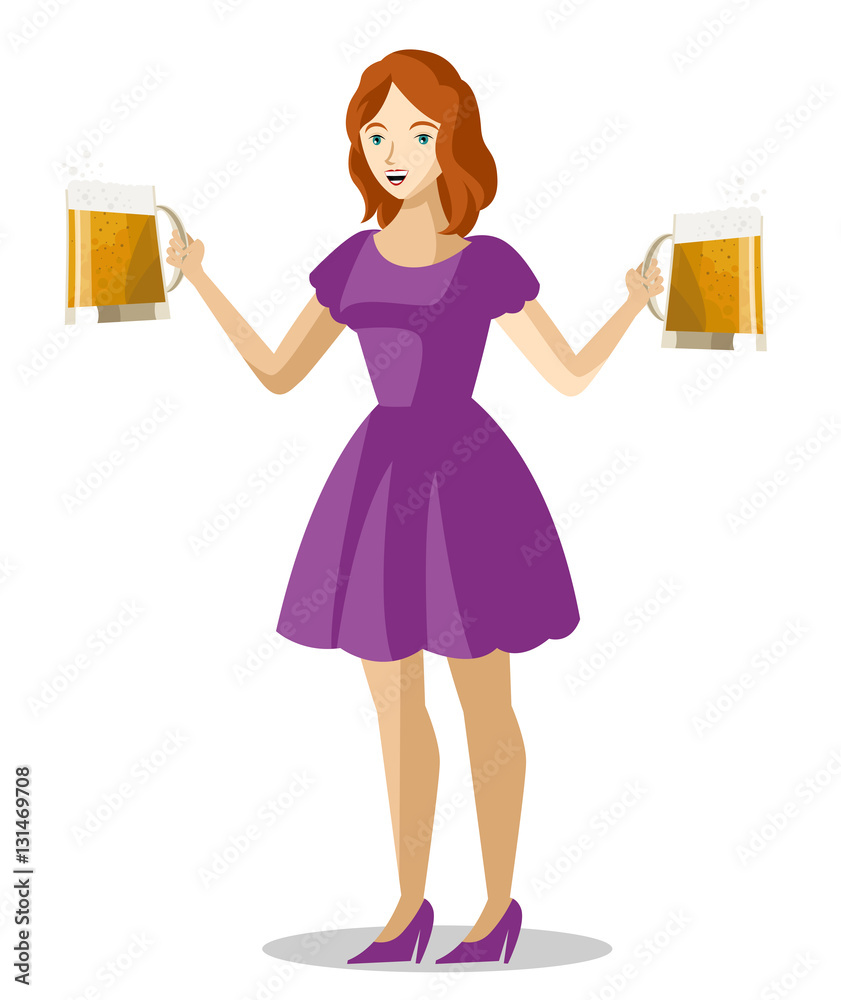 happy cute girl with two mugs full of beer happy cute girl with two mugs full of beer