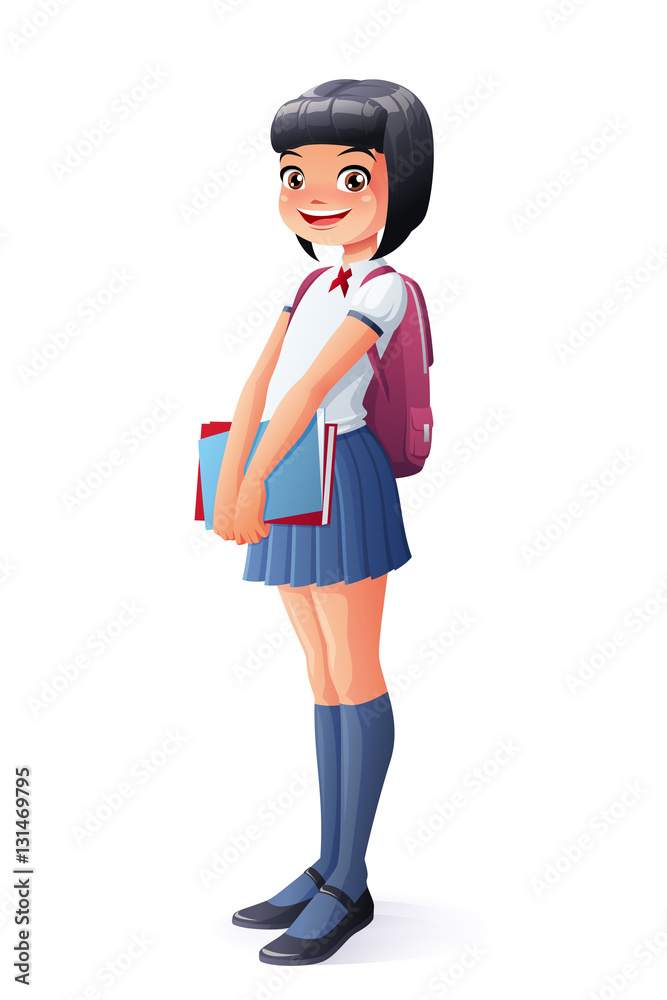 Vector cute Asian young school student girl standing with books. Vector cute Asian young school student girl standing with books.