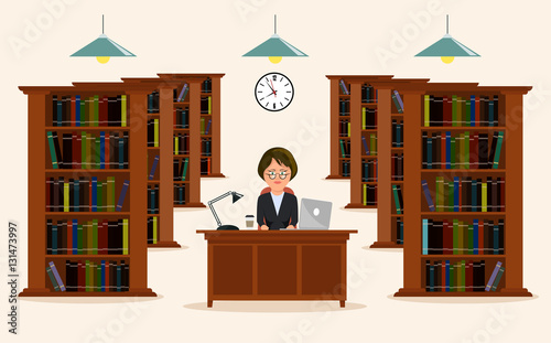Woman employee of library. Concept of education. Reading in library