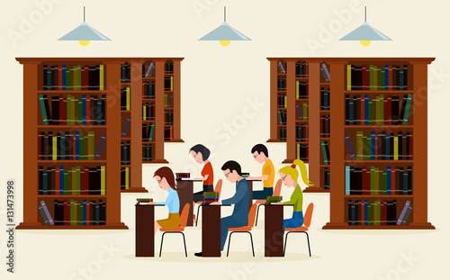 People in library. Concept of education. Reading in library