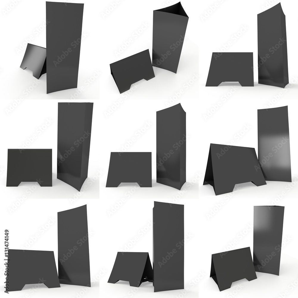 Black paper triangle tent cards set. 3d render illustration isolated