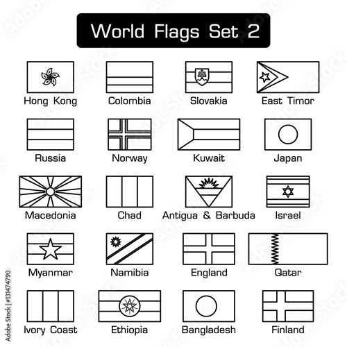 World flags set 2 . simple style and flat design . thick outline . black and white .