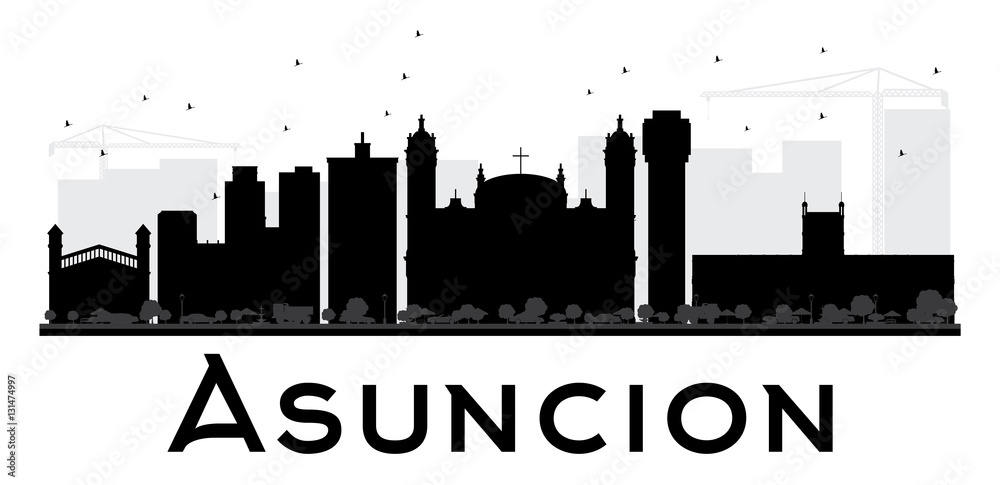 Asuncion City skyline black and white silhouette.