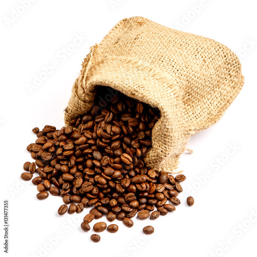 roasted coffee beans in bag isolated on white background