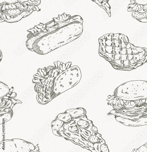 Hand drawn fast food seamless background