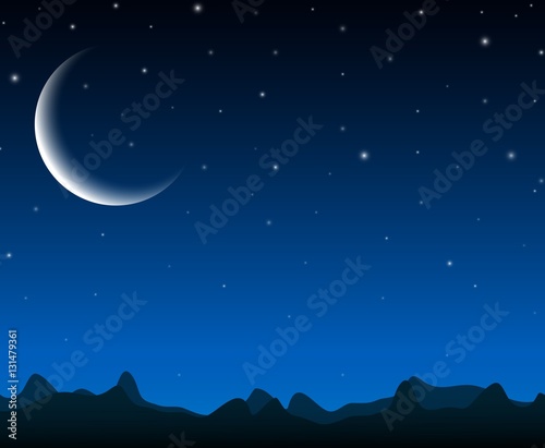 Night sky landscape with silhouette mountains and stars on the crescent moon