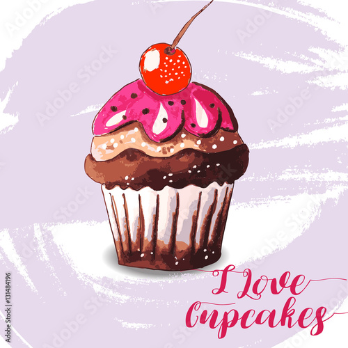 Hand drawn of tasty Cupcake. Watercolor vector illustration.