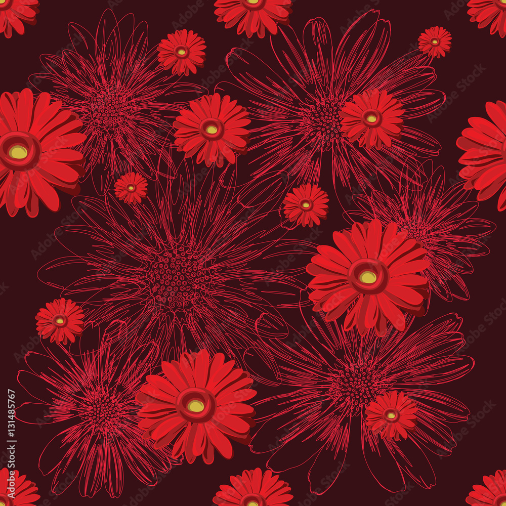 Seamless red pattern with lined and colored flowers.
