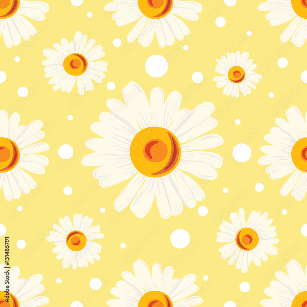 Obraz premium Pattern with white chamomiles and dots on yellow background.