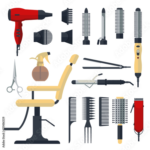 Set of hairdresser objects in flat style isolated on white background. Hair salon equipment and tools logo icons, hairdryer, comb, scissors, chair, hairclipper, curling,  straightener