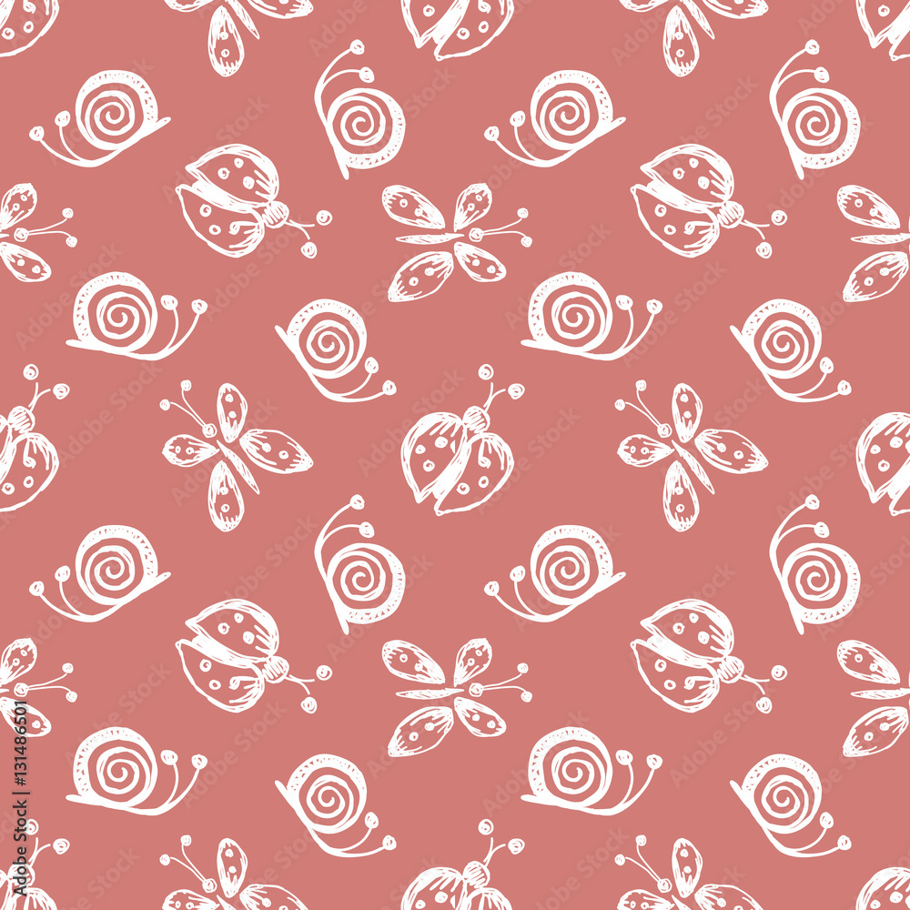 Seamless vector hand drawn seamless pattern with insect. Pink background with ladybug, butterfly, snail Decorative cute graphic drawn illustration Template for background, wrapping, wallpaper Seamless vector hand drawn seamless pattern with insect. Pink background with ladybug, butterfly, snail Decorative cute graphic drawn illustration Template for background, wrapping, wallpaper
