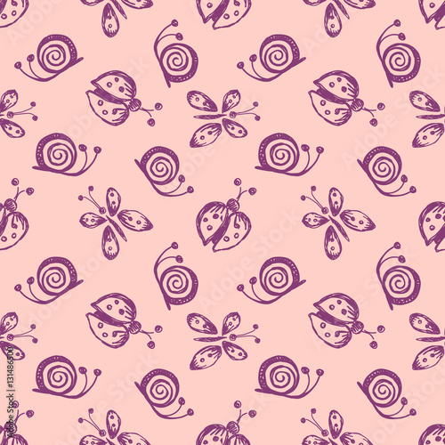 Seamless vector hand drawn seamless pattern with insect. Pink background with ladybug, butterfly, snail Decorative cute graphic drawn illustration Template for background, wrapping, wallpaper