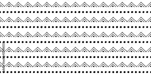 Seamless vector pattern Black and white geometrical background with hand drawn little decorative elements.Simple design. Graphic vector illustration. Template for wrapping, background, wallpaper