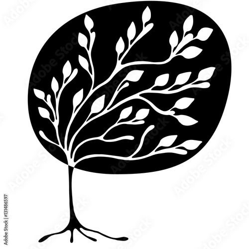 Vector hand drawn illustration, decorative ornamental stylized tree. Black and white graphic illustration isolated on the white background. Inc drawing silhouette. Decorative artistic ornamental wood