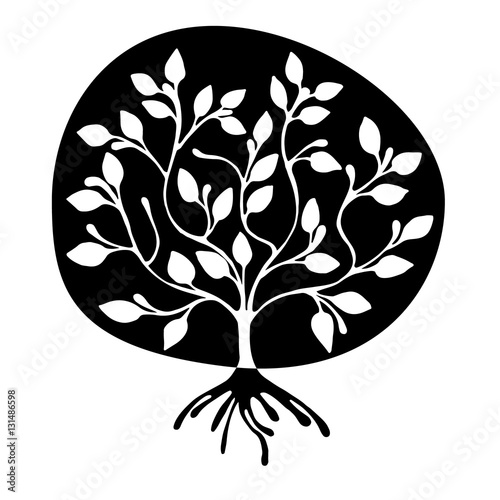 Vector hand drawn illustration, decorative ornamental stylized tree. Black and white graphic illustration isolated on the white background. Inc drawing silhouette. Decorative artistic ornamental wood
