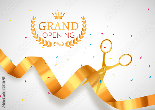 Grand Opening invitation banner. Golden Ribbon cut ceremony event. Grand opening celebration card poster