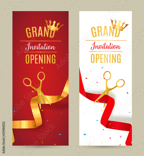 Grand Opening invitation banner. Golden and red Ribbon cut ceremony event. Grand opening celebration card