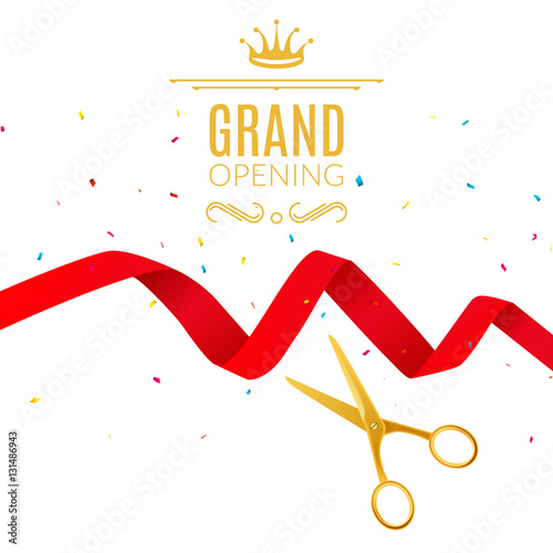 Grand Opening design template with ribbon and scissors. Grand open ribbon cut concept.