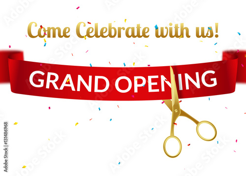 Grand Opening design template with ribbon and scissors. Grand open ribbon cut invitation.