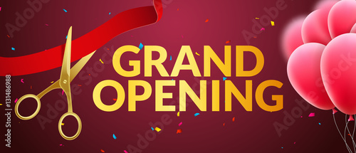 Grand Opening event invitation banner with balloons and confetti. Grand Opening poster template design