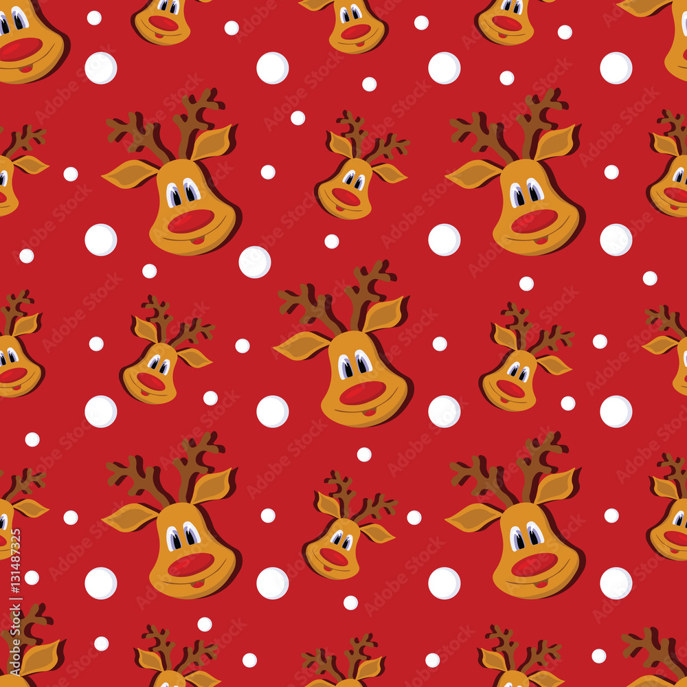 Seamless Christmas red pattern with deer and snowflakes