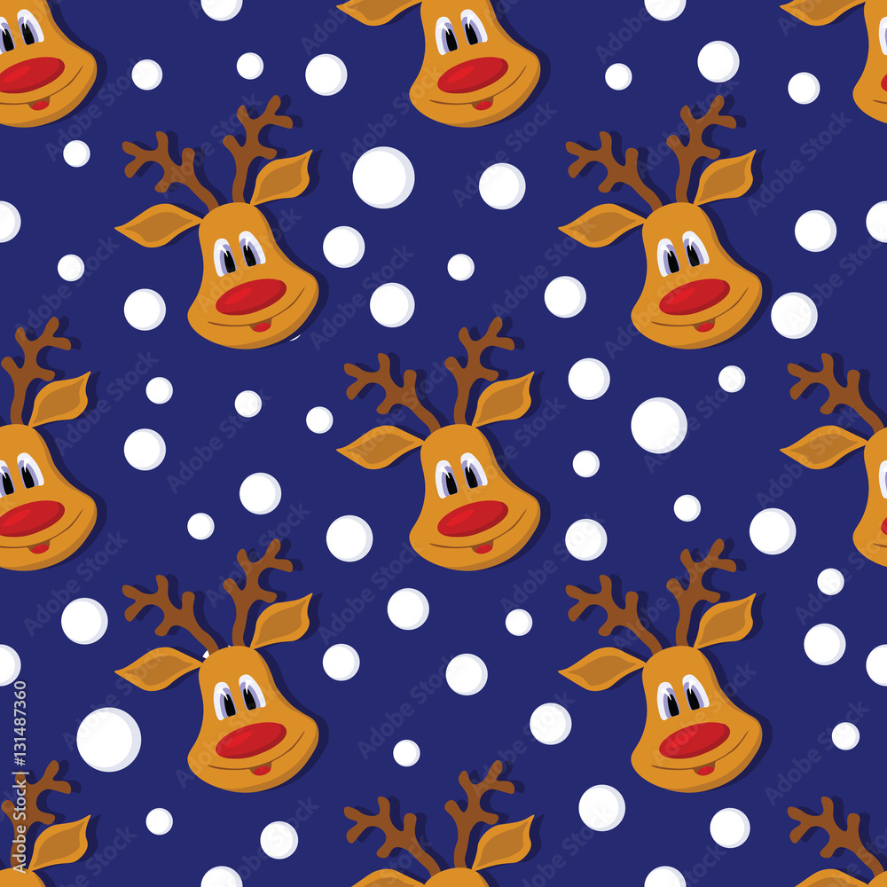 Seamless Christmas pattern with deer and snowflakes on blue background. 