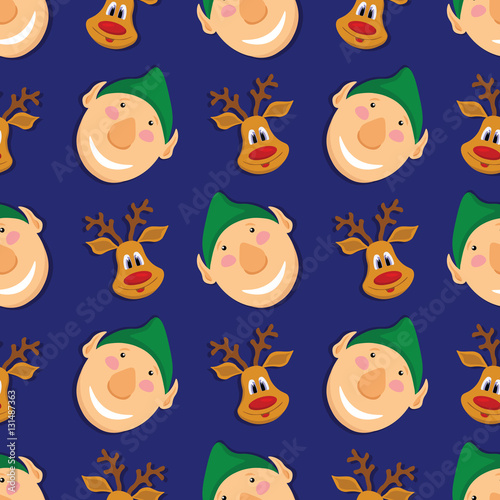 Seamless pattern with elves and deer on blue background