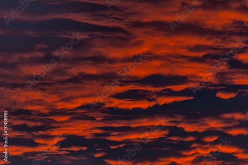Fire in the sky. Background of the blood red evening sky and clouds. Sunset and cloudy sky with clouds  in different forms. © Dan