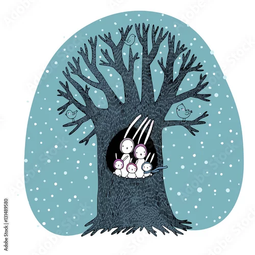 Naklejka na ścianę Magiczne drzewo i słodkie króliki. Ilustracji wektorowych.